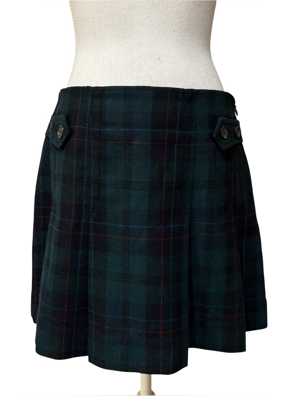 Vtg Y2K Gap Green Tartan Plaid Pleated Mini Skirt Button Details Size 4